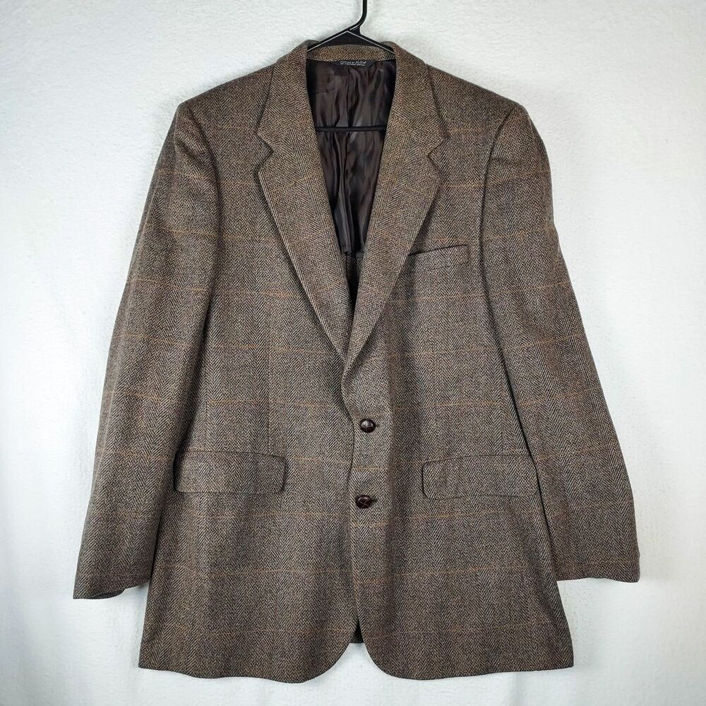 Vintage Kingsridge 44R Pure Wool Brown Plaid Herringbone Blazer Sport Coat